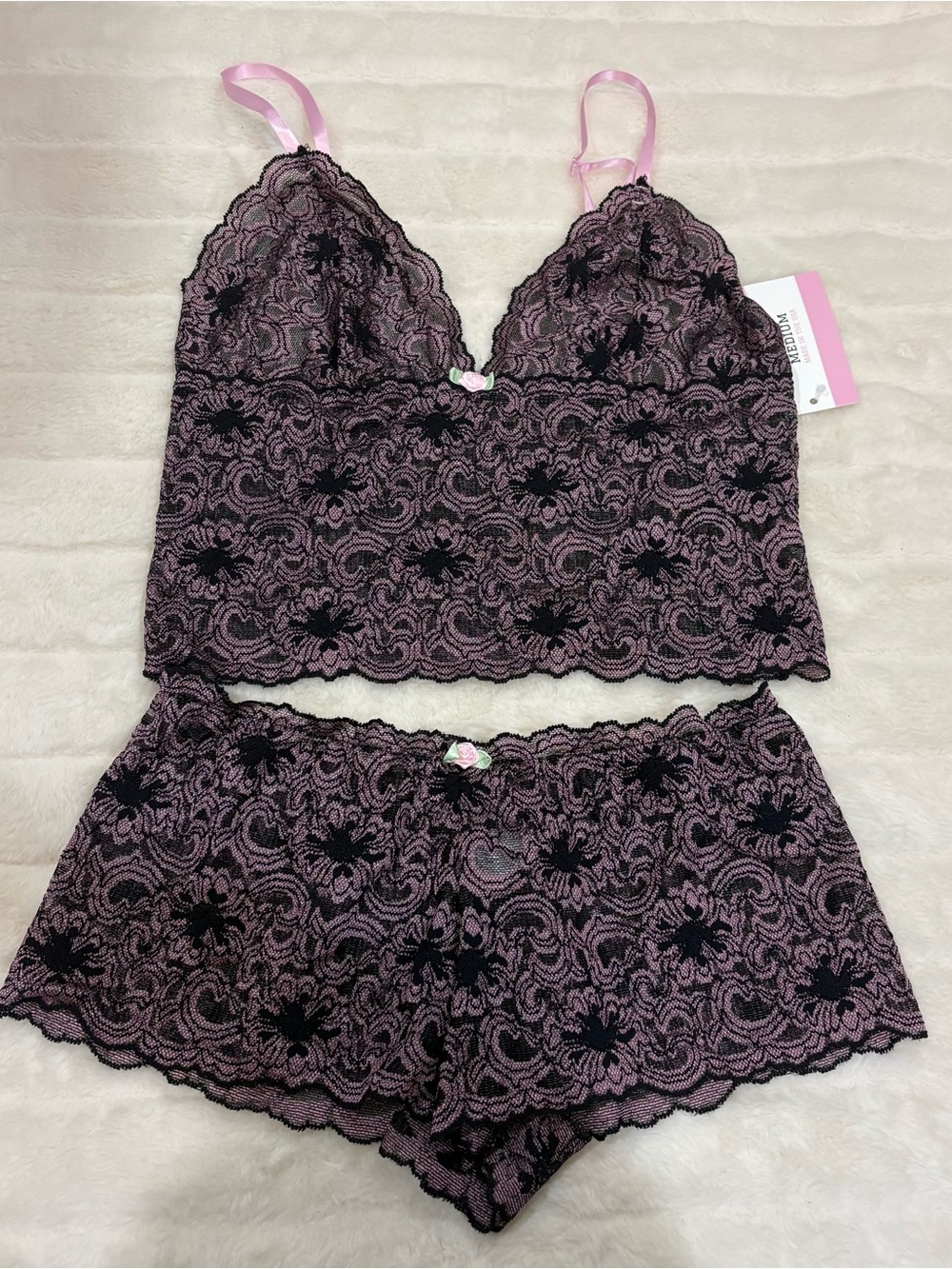 Lace Bralette & Short Set - Pink/Black handmade